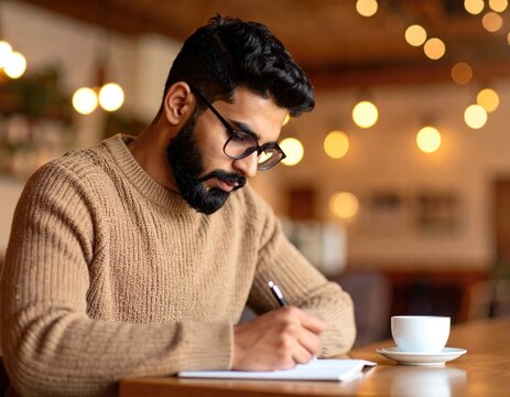 Focused young man writing in a cafe (1)
