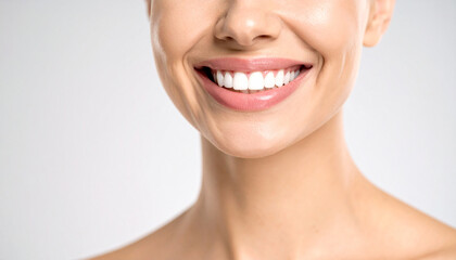 Fototapeta premium A close-up of a young woman’s mouth smiling with perfect white teeth