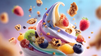 a frozen yogurt swirl with colorful fruit toppings (strawberries, blueberries, kiwi, mango) and cookie crumbles, flying in mid-air with dynamic perspective, realistic 3D rendering.