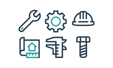 Linear construction tools and engineering icons set for blueprints and projects