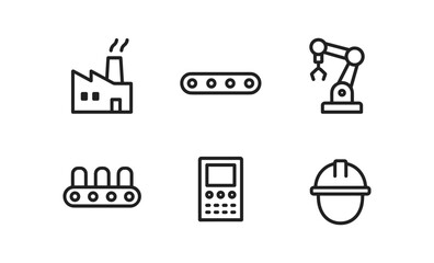 Linear industrial icons: factory, conveyor, robot arm, control panel, hard hat