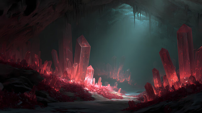 Enchanting subterranean cavern with red crystal shards and humming echoes. light echo. Illustration