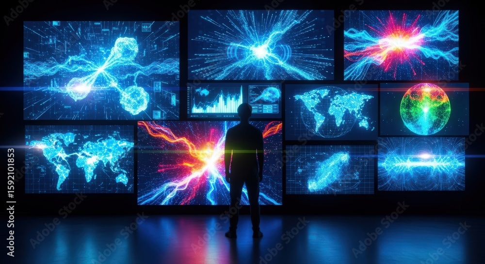 Poster scientist observing digital data on multiple screens, futuristic technology concept.