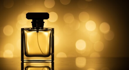 Luxury Perfume Bottle with Gold Bokeh Background in Elegant Still Life Composition
