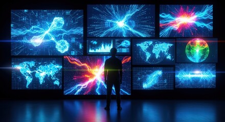 Scientist observing digital data on multiple screens, futuristic technology concept.