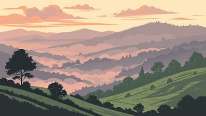 Beautiful landscape painting of misty mountains at sunset scenic nature illustration wallpaper background art