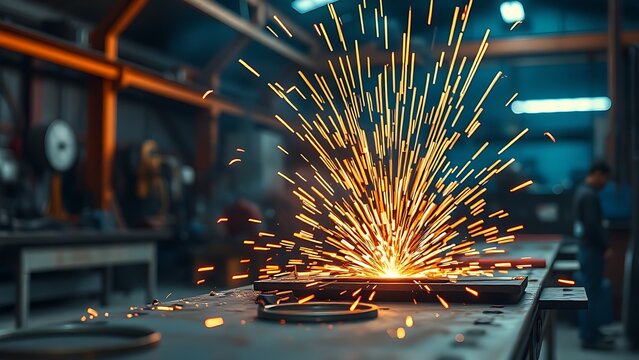 A close-up of a metal workshop with glowing sparks and dramatic lighting.