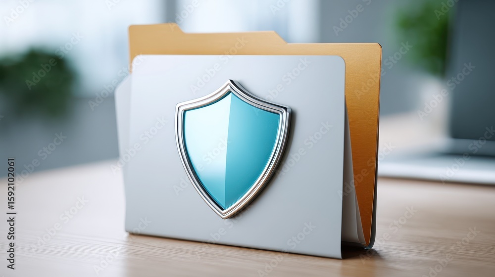 Poster folder with a shield icon symbolizing data security, set against a blurred office background, emphas