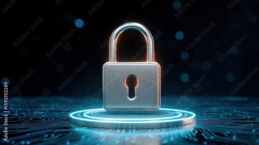 Poster a digital padlock symbolizing cybersecurity and data protection against a dark background with glowi