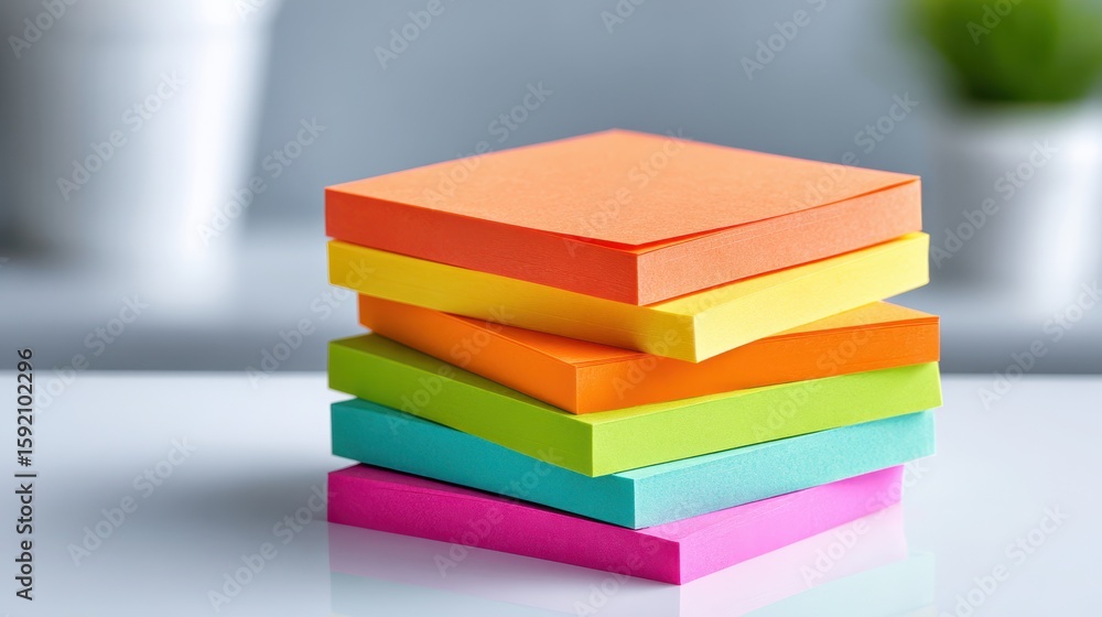 Aufkleber stack of colorful sticky notes arranged in vibrant layers on a reflective surface, with a blurred ba