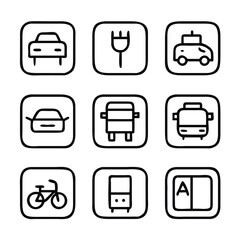 Minimal line icons for UI/UX mobile app –
Transport Car, Bus, Bike, Train, Flight, Ship, Taxi, Parking, Fuel, EV Charging