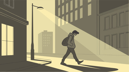 Illustration of a solitary man walking down a city street at night under a street light in the dark city