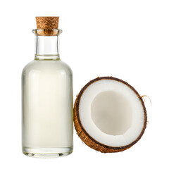Coconut Oil in Glass Bottle with Cut Coconut on White