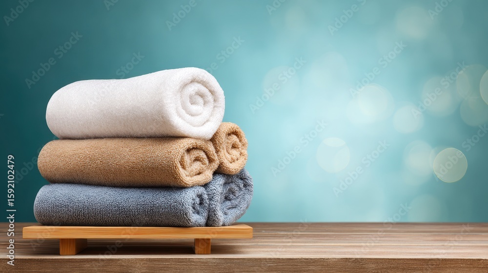 Poster stacked soft towels in neutral colors on a wooden shelf against a blurred blue background, creating 