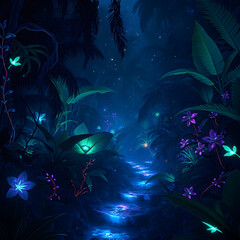 nocturnal jungle scene unfolds with a meandering glowing river