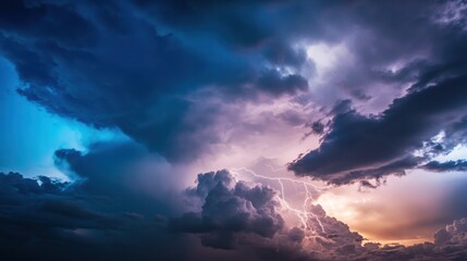 Naklejka premium Dramatic Storm: The awe-inspiring image captures a powerful display of nature's forces, with dark, billowing clouds and a vivid flash of lightning illuminating the scene.