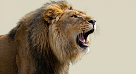 Majestic Lion Roaring with Open Mouth Showing Sharp Teeth Native to African Savanna