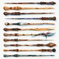 a collection of magic wands, watercolor style, arranged in a 3x3 grid on a white background