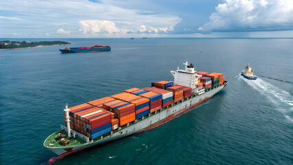 Fototapeta premium A massive cargo ship navigating the ocean, with containers stacked high against a backdrop of serene water.