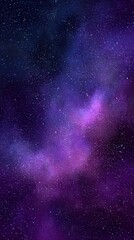 Fototapeta premium A vertical starry night sky with a smooth gradient from deep purple to dark blue, filled with tiny sparkling stars and a soft glowing purple nebula drifting through the center.