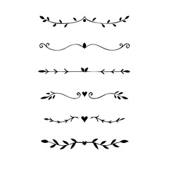 Decorative simple divider. Text dividers retro minimal line separators,  Vector isolated geometric wedding card heart separator elements set. Text dividers. . Hand drawn vector illustration. 
