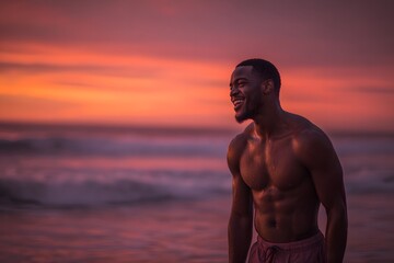 Serene Solitude: A muscular man stands confidently on a beach, the sky ablaze with the vibrant hues of sunset, reflecting his peaceful state of mind.