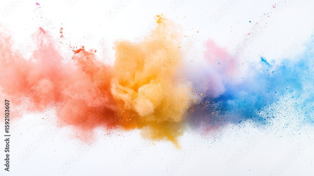 Poster colorful powder explosion: a dynamic cloud of vibrant powders bursts forth, creating a mesmerizing s