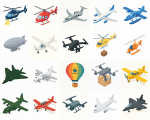 Colorful Isometric Transportation Vehicle Aircraft Set Illustration Element