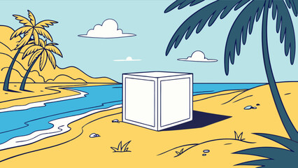 Tropical beach scene with palm trees, ocean, sand, clouds, and a cube, perfect for summer vacations