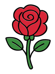 Colorful Rose Vector Illustration with Leaves. Floral Artwork in Flat Style for Botanical Prints, Romantic Designs, and Nature-Inspired Graphic Projects