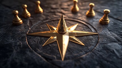 Golden compass guiding pawns on dark stone; leadership concept