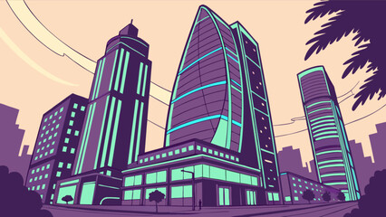 Cityscape illustration of modern architecture buildings and skyscrapers urban landscape design style art