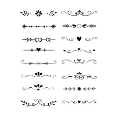 Fototapeta premium Decorative simple divider. Text dividers retro minimal line separators, Vector isolated geometric wedding card heart separator elements set. Text dividers. . Hand drawn vector illustration. 