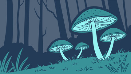 Illustration of mushrooms in a forest at night with trees and grass for nature and fantasy designs