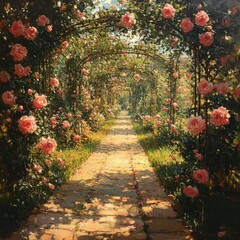 A picturesque pathway covered with rose arches leading into a distant light filled garden scene