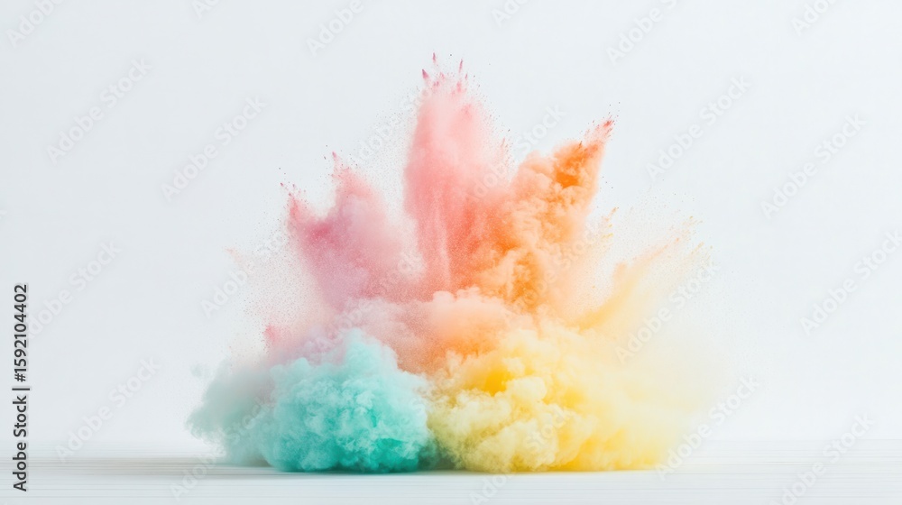 Poster burst of color: a vivid cloud of pastel pigments explodes into a dynamic shape. embodying energy and