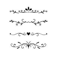 Decorative simple divider. Text dividers retro minimal line separators,  Vector isolated geometric wedding card heart separator elements set. Text dividers. . Hand drawn vector illustration. 
