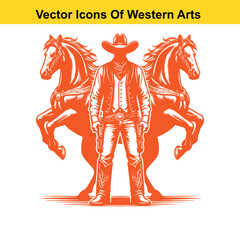 Fototapeta premium Cowboy with Two Rearing Horses – Black and White Western Vector Illustration