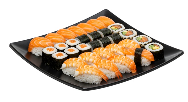 Assorted Sushi Platter with Salmon and Shrimp on Black Plate