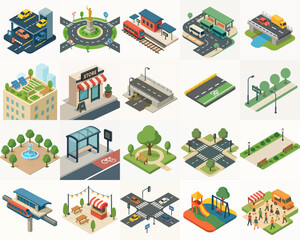 Pixelated Isometric Cityscape Elements Asset with Transportation and Urban Infrastructure
