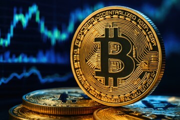 Golden bitcoin coins with a chart in the background, cryptocurrency concept.