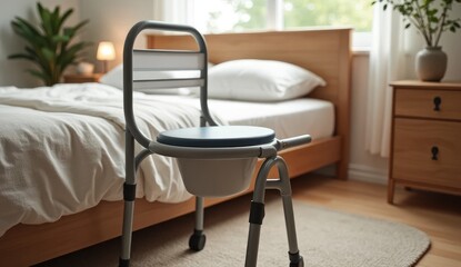 A commode chair positioned in a bedroom setting with a bed and bedside table in the background