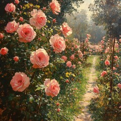 A painting of a rose garden with a path leading through it on a sunny day with trees in the background