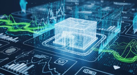 Digital bank building with financial data, charts and graphs, business concept.