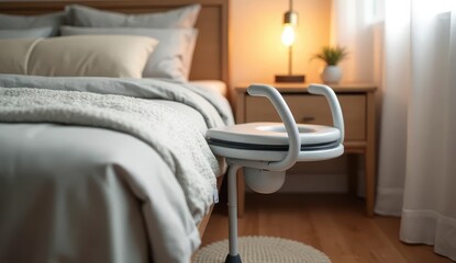 A bedside commode next to a bed in a bedroom with a nightstand and lamp providing soft lighting