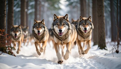 Pack of wolves running through snowy forest