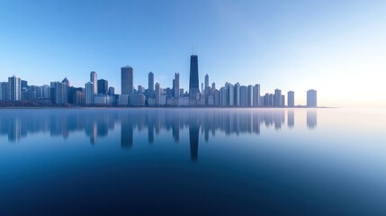 Fototapeta premium Cityscape Reflection: An eye-level view of a modern cityscape at the calm water's edge, a perfect reflection mirroring the architectural marvels against the serene blue hues of the morning.