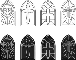 Set of stained glass windows with religious symbols in black and white