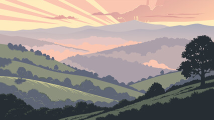 Scenic landscape mountain range illustration digital art sunset view with trees and rolling hills nature background