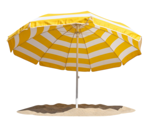 Angled View of Yellow Striped Beach Umbrella on Sloped Sand with Wind Ruffling Edge, Coastal Scene, isolated on transparent background PNG